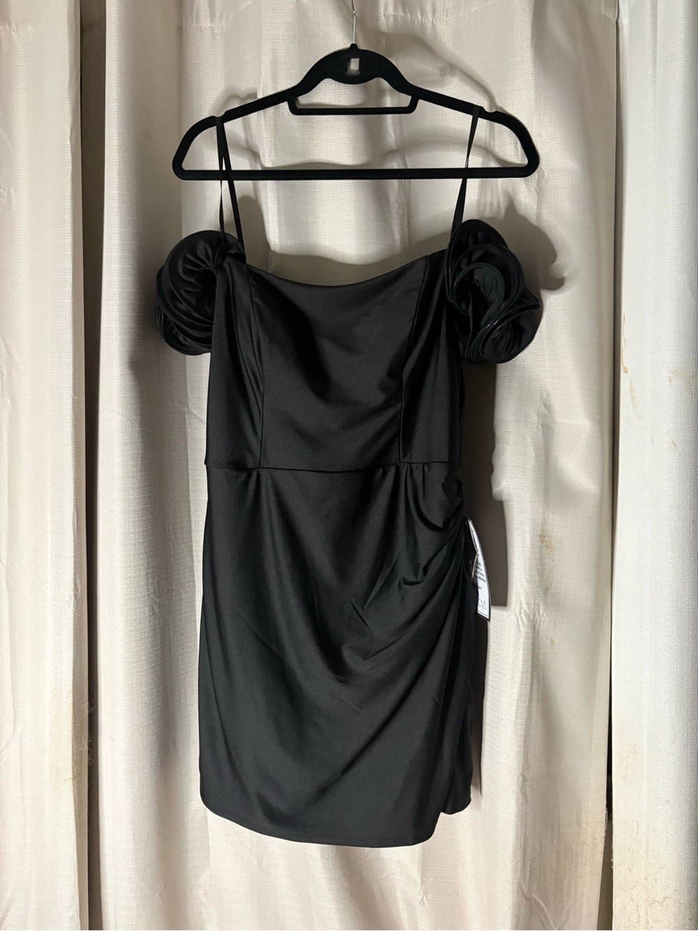 B Darlin Black Off-Shoulder Mini Dress with Rosette Sleeves
